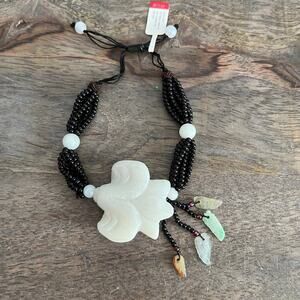 New Chinese Carved Magnolia Jade & Agate Black Beaded Adjustable Bracelet